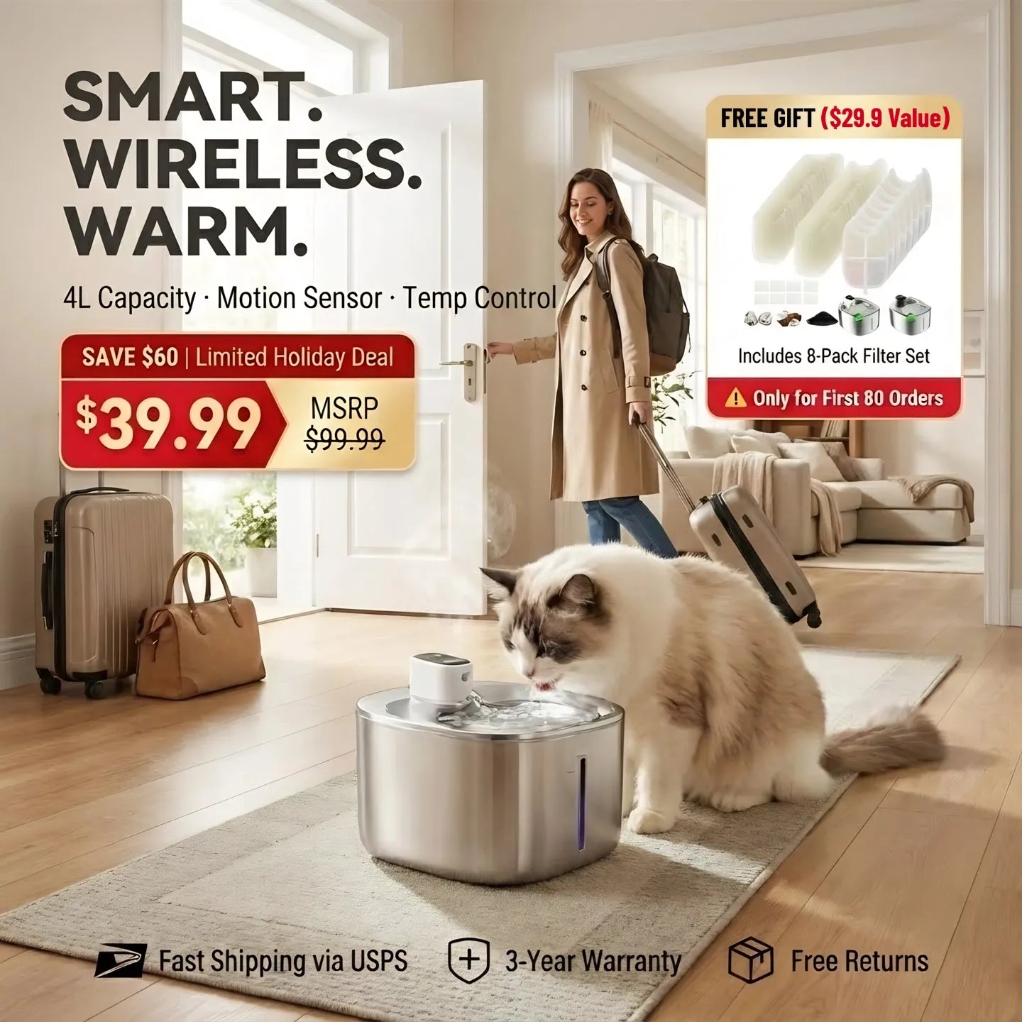 No Wires, Just Pure Hydration: Fresh, Perfectly Tempered Water for Your Pet!